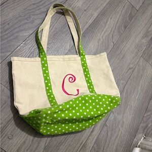 Canvas Tote Bag with Pink Monogram and Lime Polka-Dot Trim
